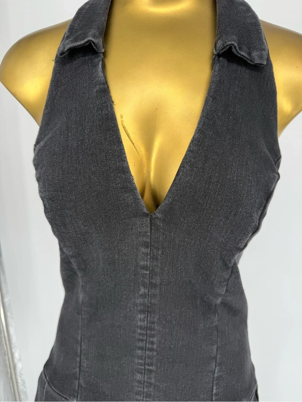 love, Fire Black Denim Collared V-Neck Pleated Mini Dress Open Back Size Medium